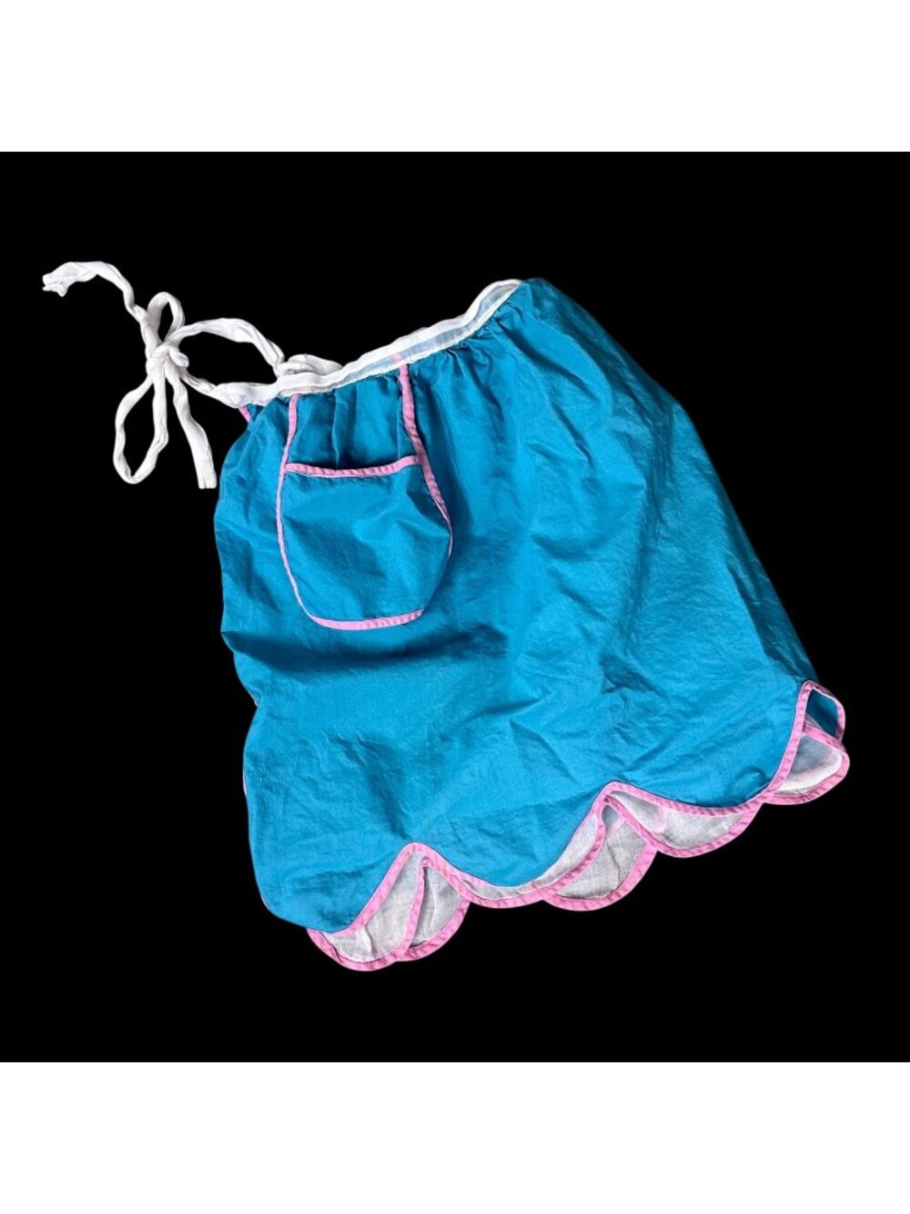 Vintage Apron Handmade Blue Pink Scalloped Pocket Adjustable Ties Mid Century - Picture 1 of 8
